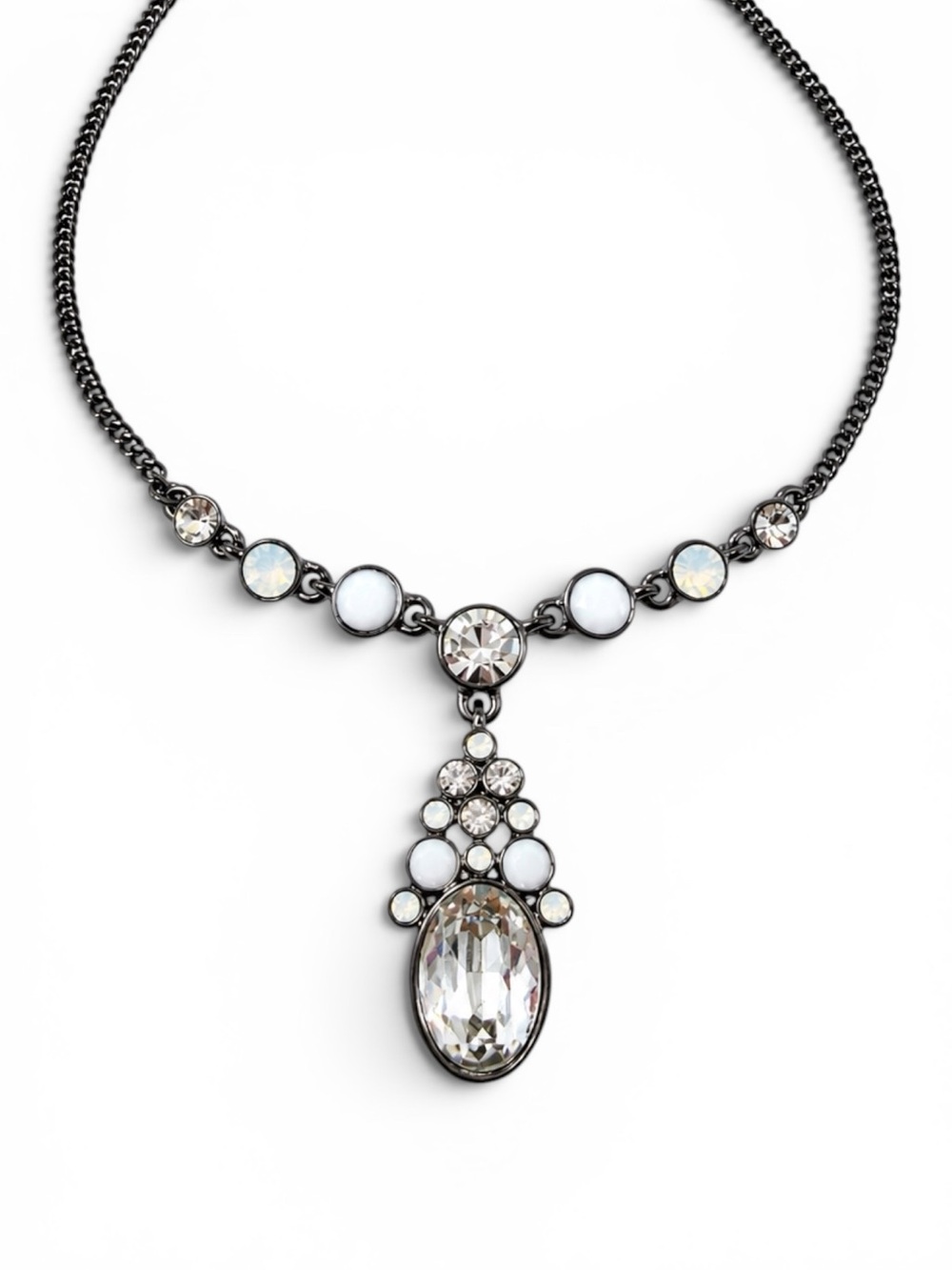 Givenchy Black Tone Crystal Statement Pendant Necklace White Cabochon Adjustable